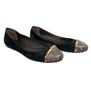 Tory Burch Pacey Driver Ballet Flats Black/Green Suede & Snakeskin Size 8 Classy